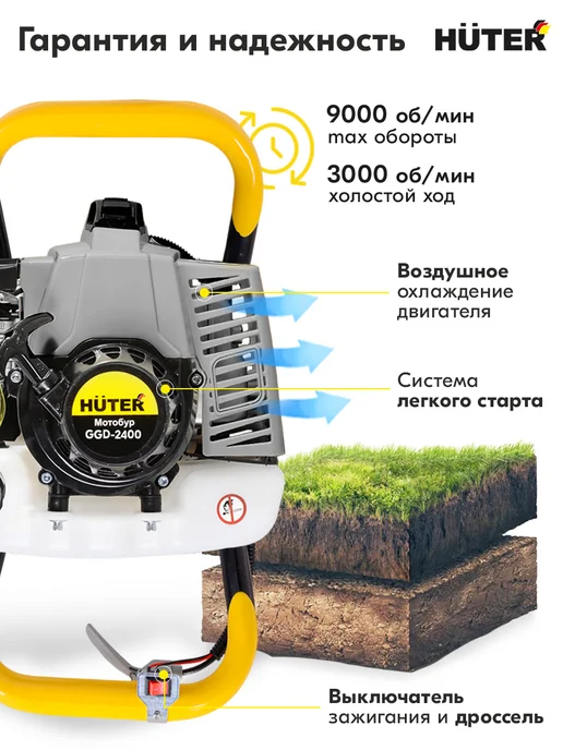 HUTER Мотобур бензиновый бур для грунта и рыбалки GGD-2400 63 см3, вариант, фото 3