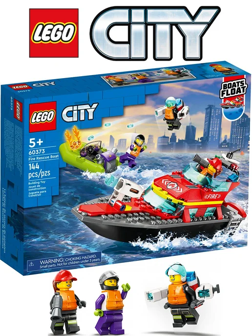 LEGO Конструктор City 60373 Пожарно-спасательная лодка, синий