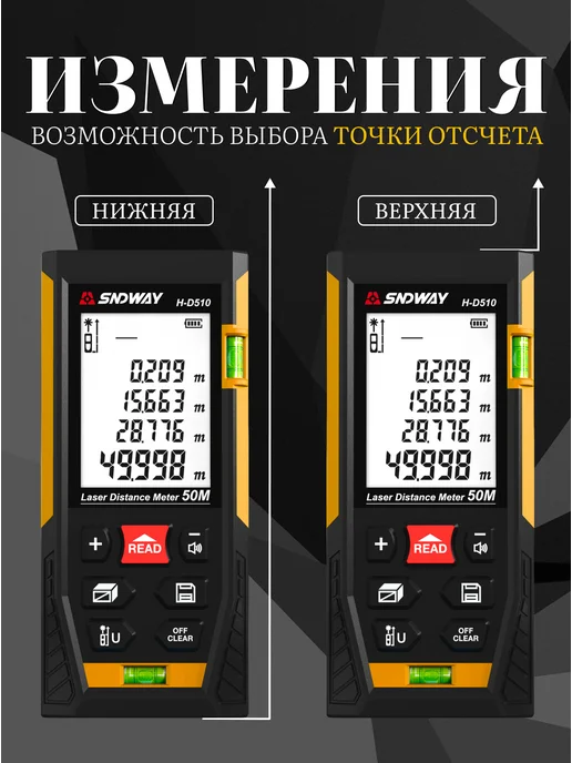 Лазерная рулетка SNDWAY 50м строительная с уровнем / лазерный дальномер строительный H-D510, 50 м, фото 4