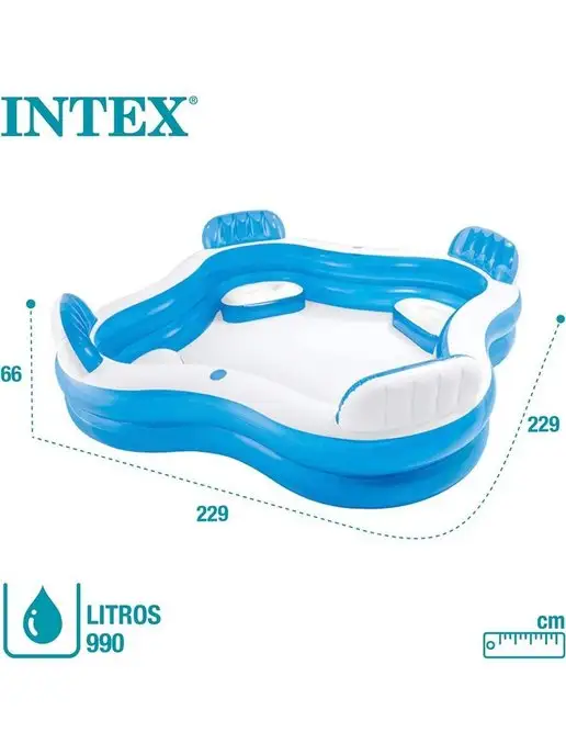 Intex Бассейн надувной Семейный большой с сиденьем 229 см, голубой, фото 2