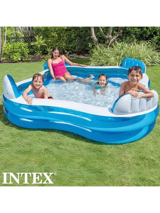 Intex Бассейн надувной Семейный большой с сиденьем 229 см, голубой, фото 7