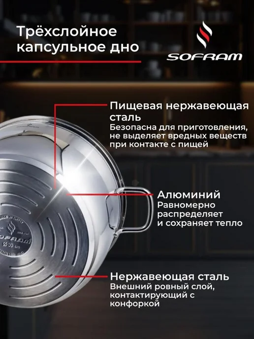 SOFRAM Кастрюля из нержавеющей стали с толстым дном 3, 35л, 5 л, фото 3