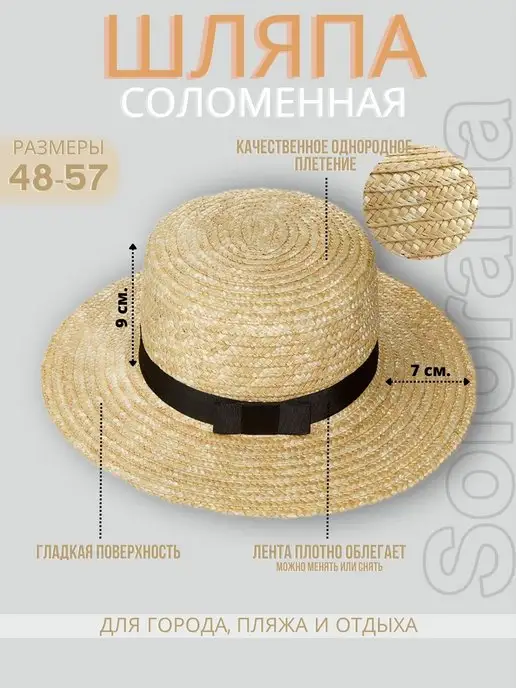 Solorana Шляпа соломенная плетеная пляжная с полями и лентой, черный, фото 2