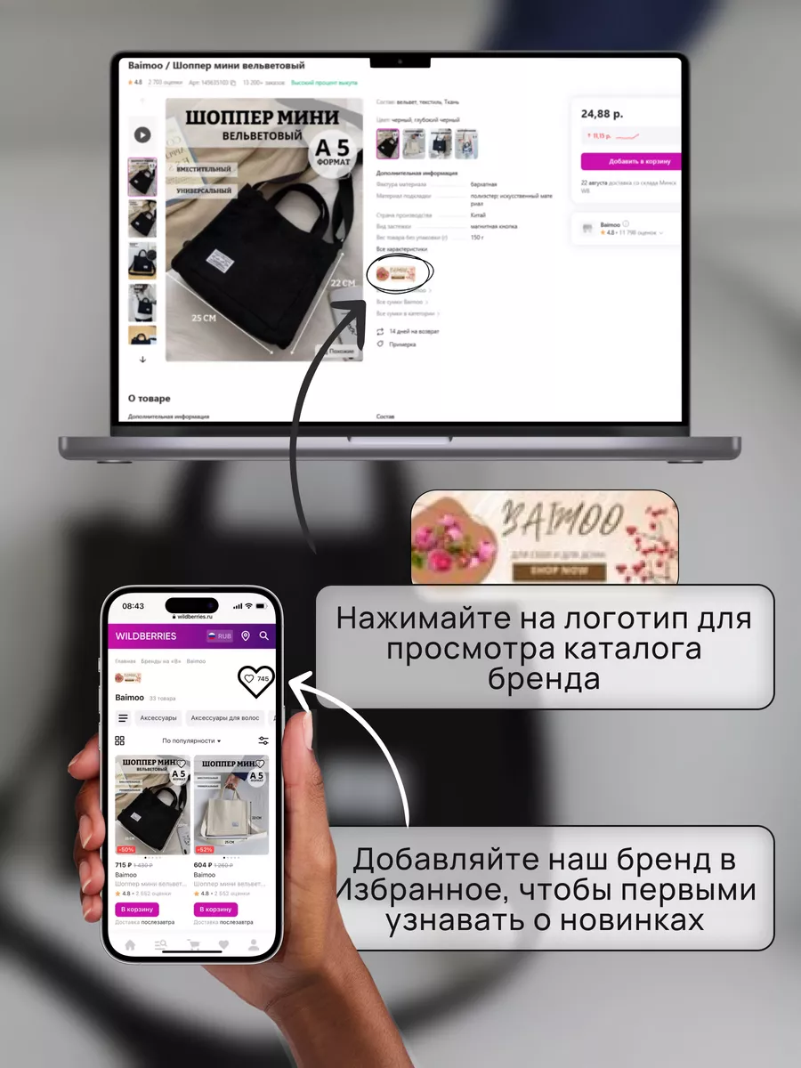 Шоппер мини вельветовый Baimoo 145635103 купить за 410 ₽ в  интернет-магазине Wildberries