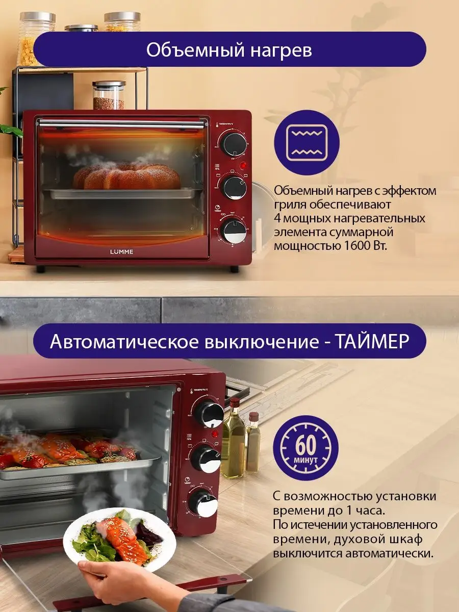 Мини-печь электрическая, духовой шкаф 23л 1600 Вт LUMME 145640471 купить за  4 045 ₽ в интернет-магазине Wildberries