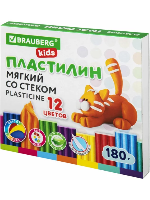 Brauberg Пластилин восковой для лепки мягкий легкий 12 цв, 180г, стек, 180 г, фото 6