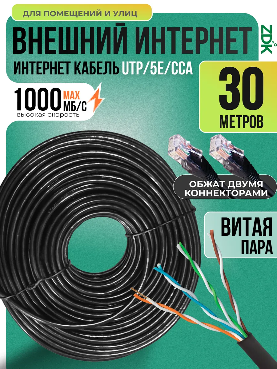 Кабель для интернета 30 метров уличный сетевой