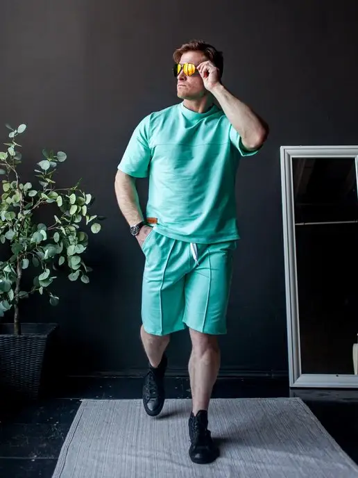 NIDUAL MEN Спортивный костюм мужской летний домашний с шортами, зеленый, фото 2