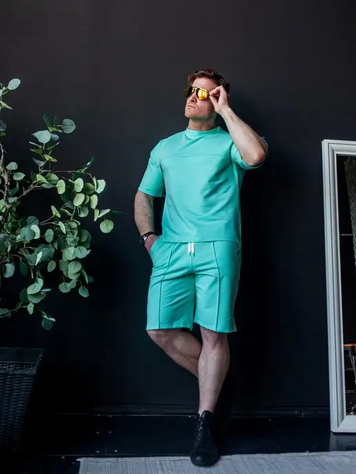 NIDUAL MEN Спортивный костюм мужской летний домашний с шортами, зеленый, фото 4