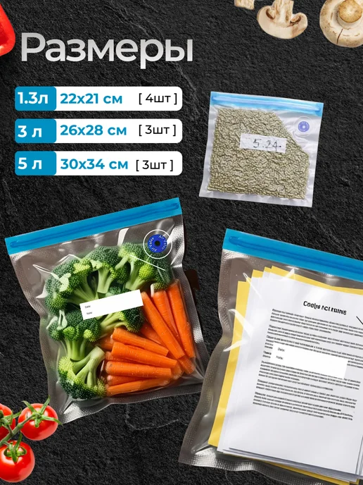 BerezaBurg 21 л (10 шт.) Вакуумные пакеты для продуктов Многоразовые, 29 л, 10 шт, фото 2