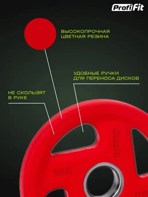 PROFI FIT Блин для штанги и гантелей, обрезиненный, 15кг, 51мм, 5 кг, 2 шт, фото 2