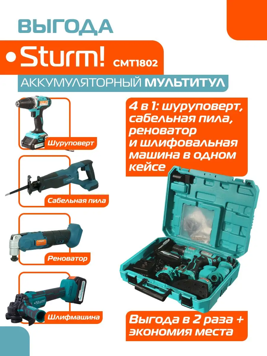 Аккумуляторный мультитул 4 в 1 шуруповерт Sturm! CMT1802 Sturm! 146688389  купить за 9 990 ₽ в интернет-магазине Wildberries