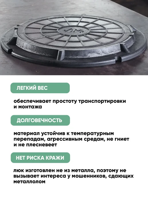 НеоКомпозит Люк канализационный ППК 1.5 т.садовый, 580-600 мм,черный, черный, фото 2