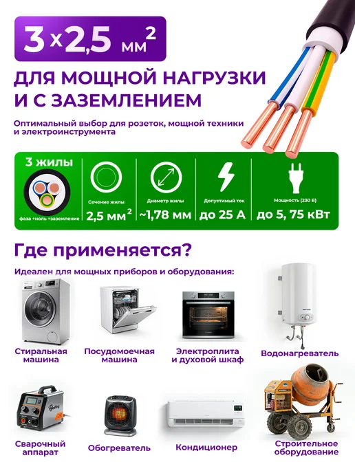 КОНКОРД Кабель силовой 3x2,5 ВВГ-нг(А)-LS бухта 100 м ГОСТ, вариант, фото 6