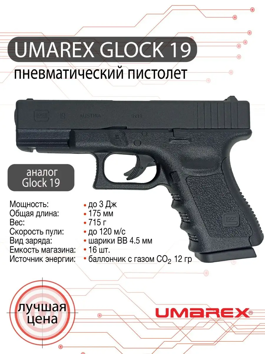 Пневматический пистолет Glock 19 4.5 мм UMAREX 147159048 купить в  интернет-магазине Wildberries