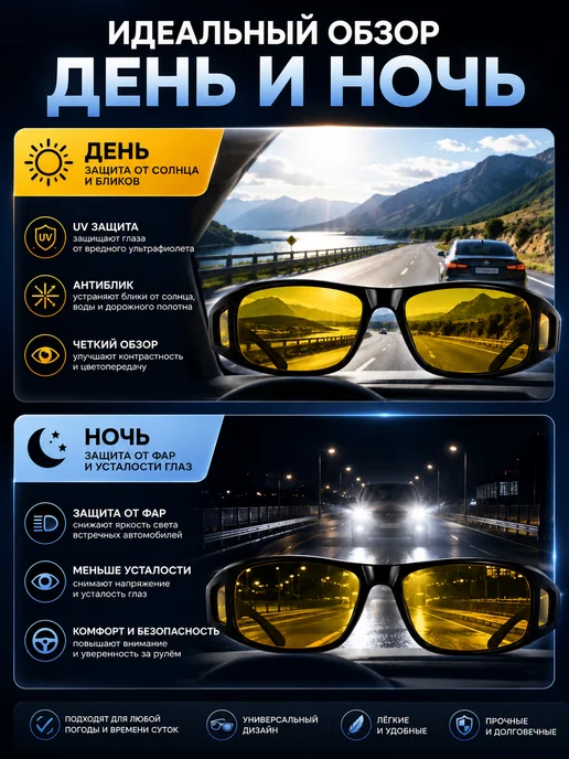 МИР ОПТОМ Антибликовые очки для водителей день ночь 2 пары, черный, фото 2