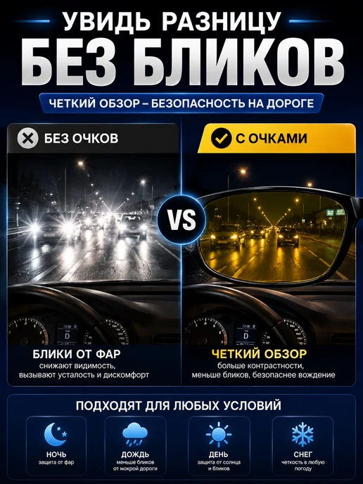 МИР ОПТОМ Антибликовые очки для водителей день ночь 2 пары, черный, фото 3