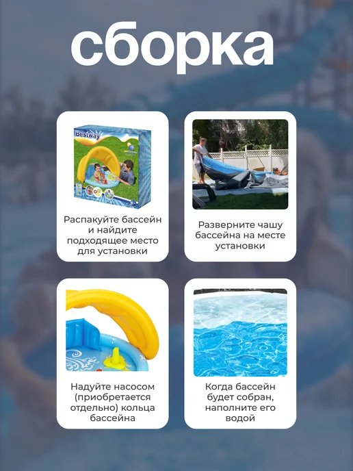Bestway Детский надувной бассейн с навесом для плавания купания, голубой, в упаковке 1,2 кг, фото 3