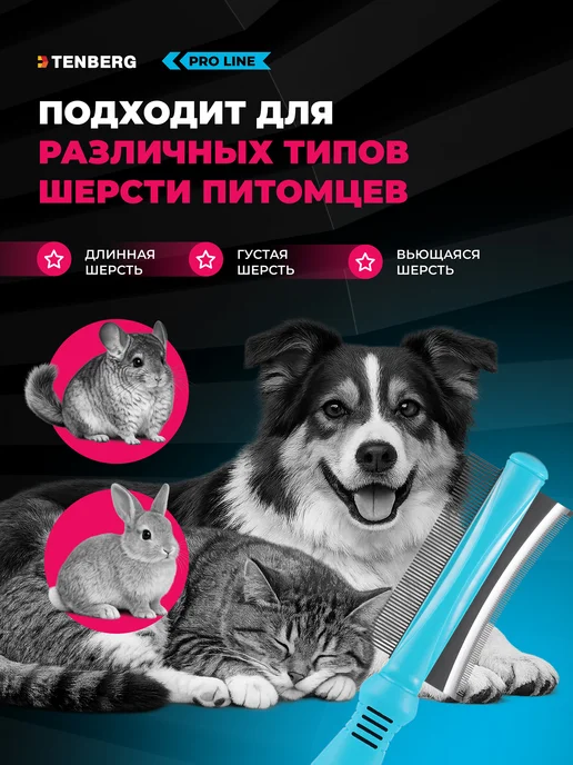TENBERG Расческа дешеддер для кошек и собак двусторонняя, голубой, фото 2