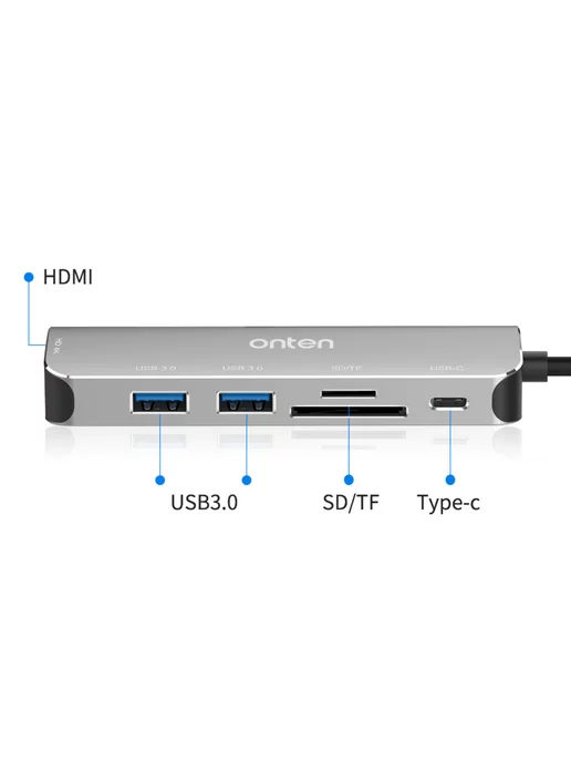 Onten Док станция 6в1 с Type-C на HDMI+2xUSB 3.0+USB-C+SD+TF, серый, фото 2