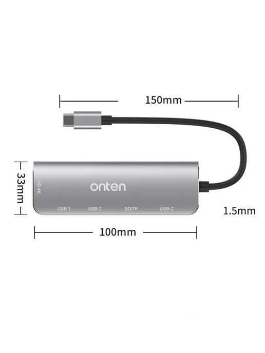 Onten Док станция 6в1 с Type-C на HDMI+2xUSB 3.0+USB-C+SD+TF, серый, фото 3