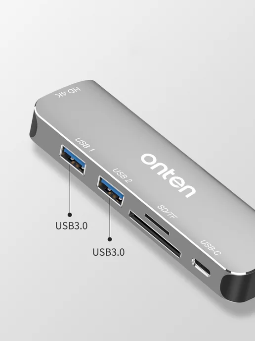 Onten Док станция 6в1 с Type-C на HDMI+2xUSB3.0+USB-C+CD+TF, серый, фото 4