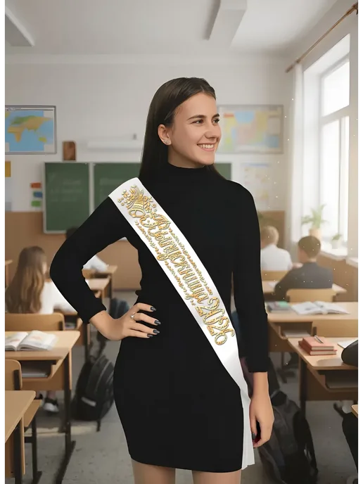 Macline Лента выпускницы 2026 атласная школьная с колокольчиком, белый, фото 2