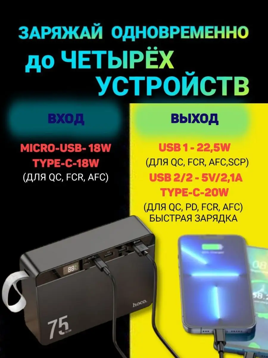 Power Bank внешний аккумулятор 75000 mAh с быстрой зарядкой Hoco 147816115  купить за 3 871 ₽ в интернет-магазине Wildberries