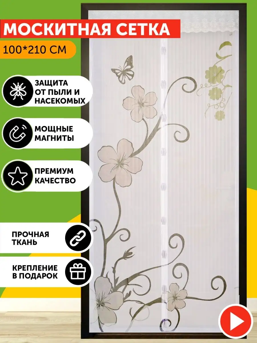 Шторка антимоскитная DECOTEX на магнитах для двери 100х210 см от комаров