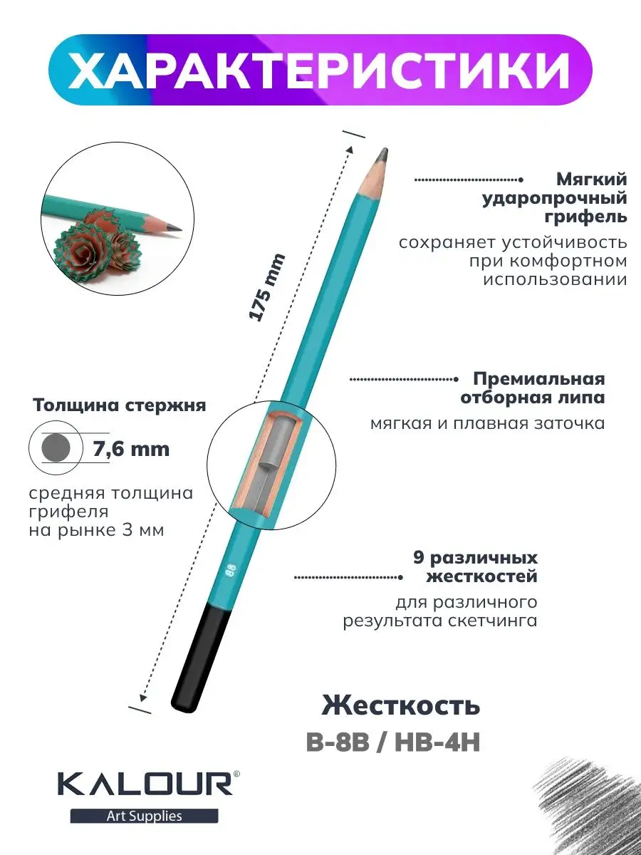 KALOUR Карандаши простые чернографитовые для рисования скетчинга