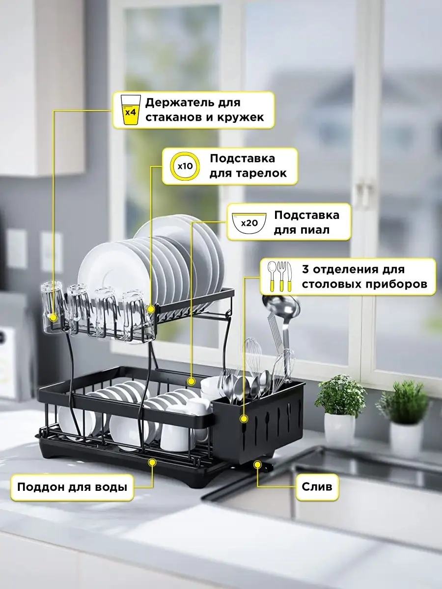 Сушилка для посуды настольная двухъярусная с поддоном DOMOTERIA 148333149  купить в интернет-магазине Wildberries