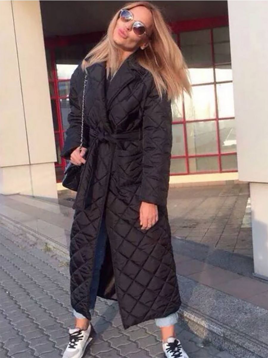 Длинное стеганое пальто женское черное