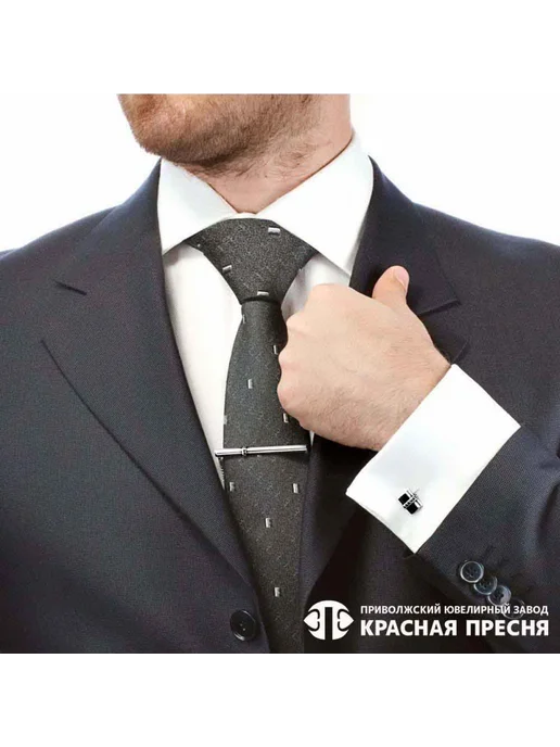 Красная Пресня Серебряные запонки под рубашку с черным фианитом, черный, фото 2