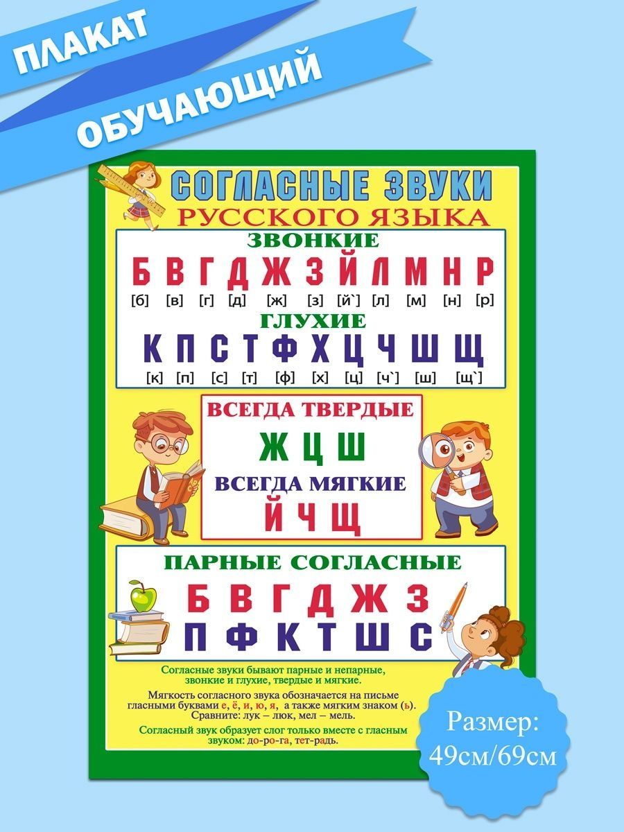 Плакат Согласные звуки русского языка на стену 1 сентября А2 СтильМаркет  148476846 купить за 227 ₽ в интернет-магазине Wildberries