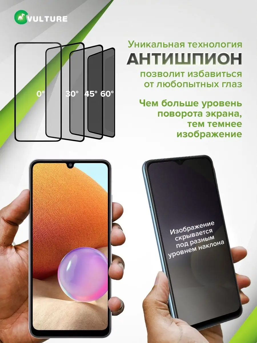 Защитное стекло на Samsung A32, A31, A22 антишпион VULTURE 148517664 купить  за 228 ₽ в интернет-магазине Wildberries