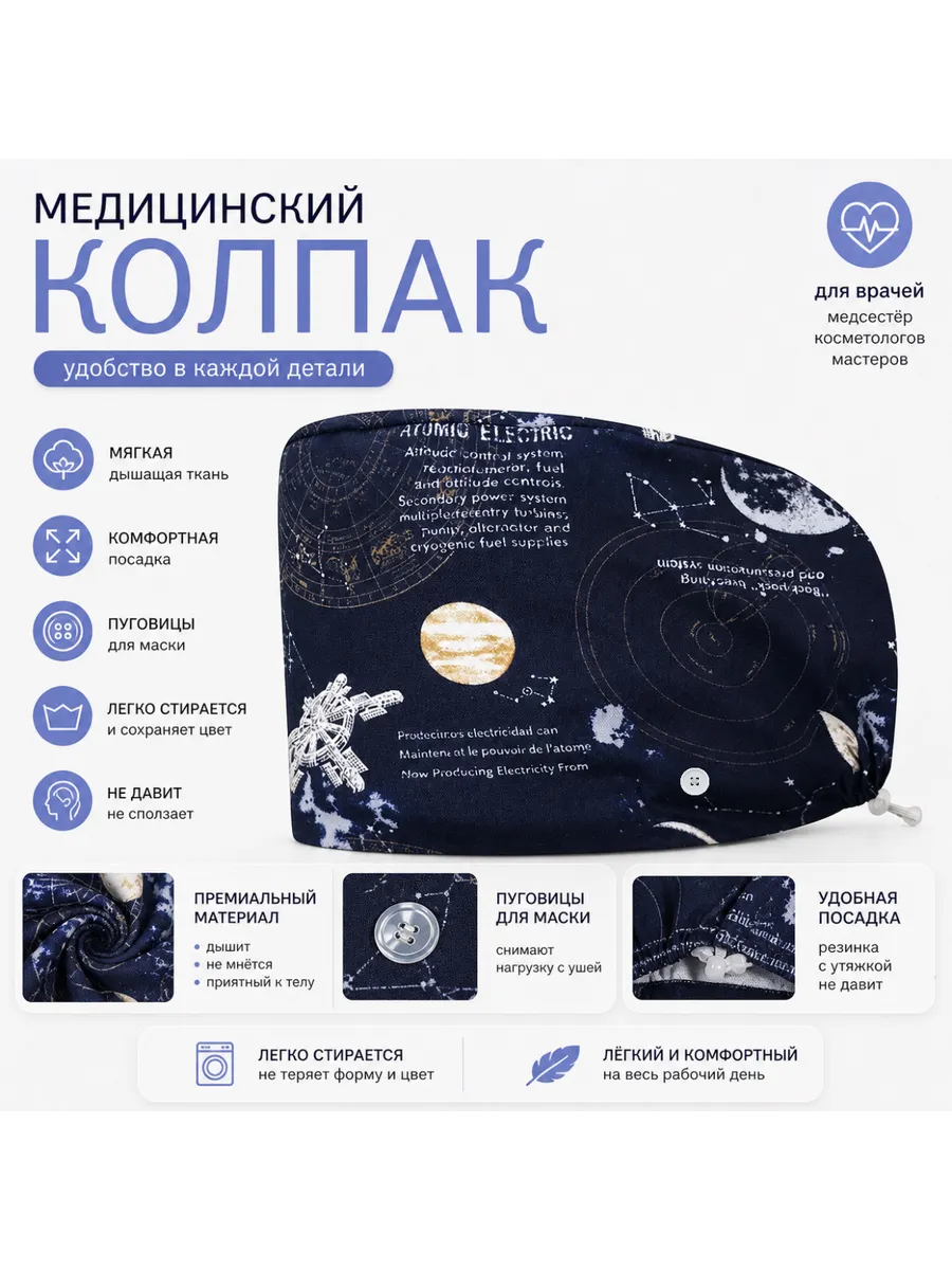 колпак медицинский высокий с пуговицами.темно синяя шапка