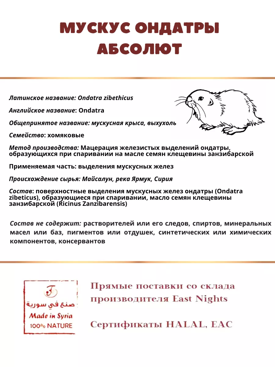 Мускус ондатры масляные духи East Nights 148921164 купить за 1 596 ₽ в  интернет-магазине Wildberries