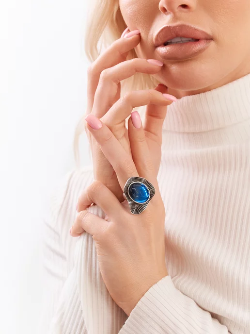 AV Jewelry Store Кольцо крупное с большим голубым камнем бижутерия, голубой, фото 5