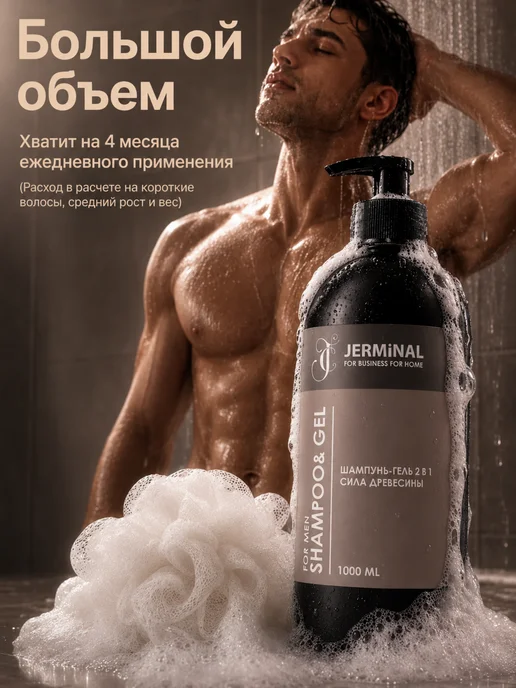 JERMiNAL -COSMETICS- Парфюмированный шампунь мужской бессульфатный 1000 мл, 1 л, фото 7