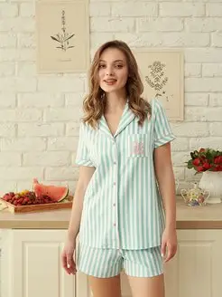 Пижама с шортами и рубашкой хлопковая легкая комплект Mia Cara 149271194 купить за 1 882 ₽ в интернет-магазине Wildberries