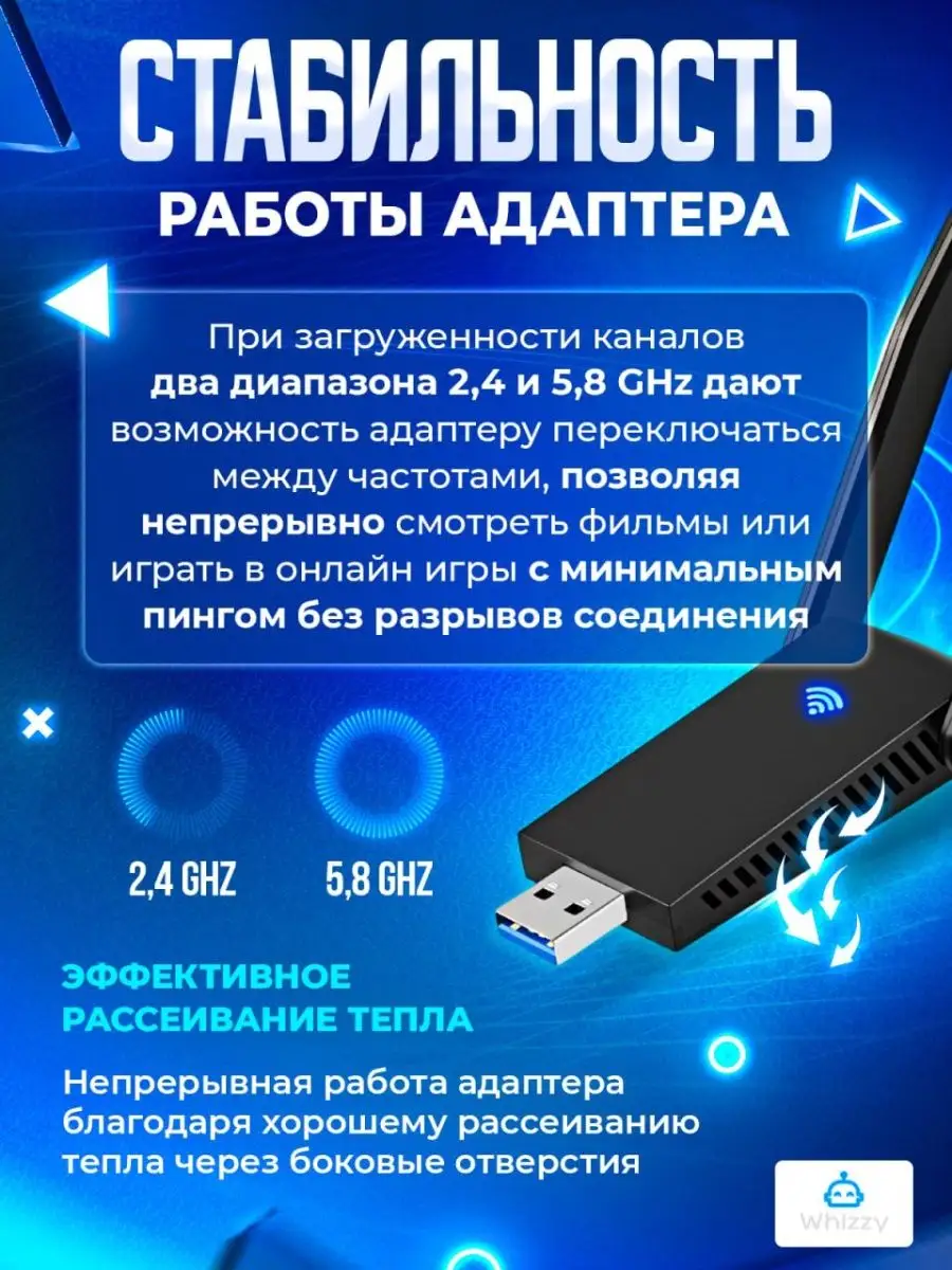 USB WI-FI адаптер для компьютера и ноутбука bluetooth 5G Whizzy 149278200  купить в интернет-магазине Wildberries