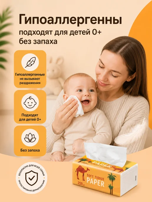 TokiBABY Салфетки бумажные в мягкой упаковке, 6 х 200 шт, 6x200, 200 шт, фото 8