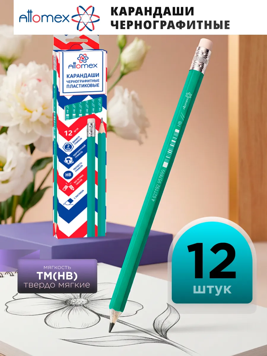 Карандаши простые чернографитные HB/ТМ 12 штук