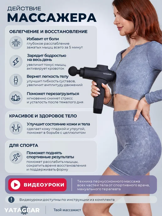 YATAGEAR Перкуссионный массажер для спины и тела массажный пистолет, черный, фото 5
