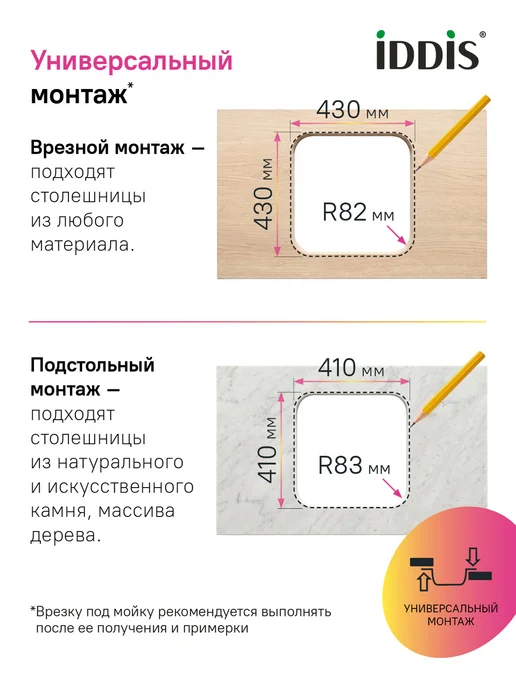 IDDIS Мойка для кухни врезная или подстольная, 44х44х18 см, 44x44x18 см, фото 5