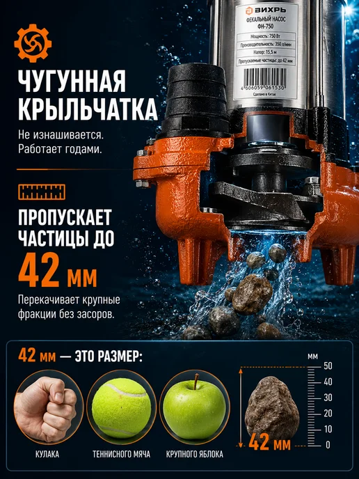 Насос фекальный погружной для выгребной ямы ФН-750 — фото 2