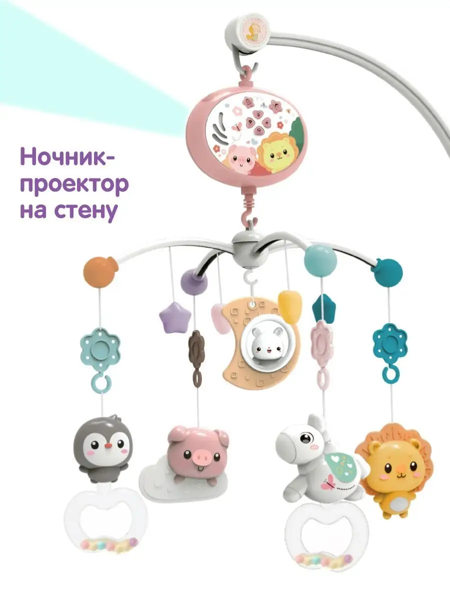 Детская музыкальная карусель с подвесными игрушками на кроватку новорожденного/Мобиль в