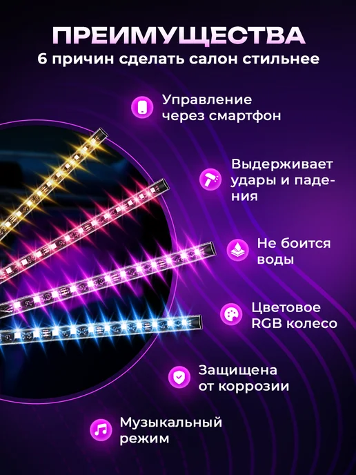 Fame Way Подсветка в машину салона светодиодная лента USB RGB, вариант, фото 2