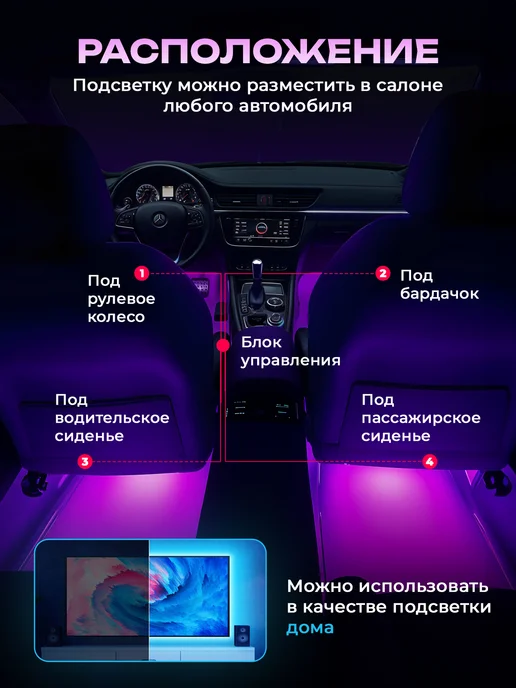 Fame Way Подсветка в машину салона светодиодная лента USB RGB, вариант, фото 6