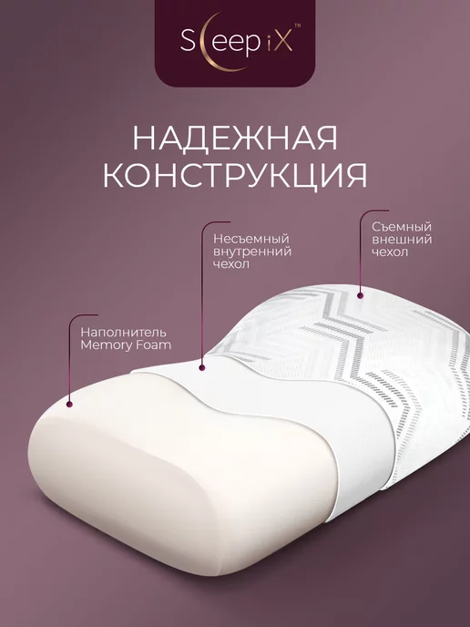 SleepiX Подушка анатомическая 57х35х9,5 1 пр, плстр пенополиуретан, 57x35x9.5, фото 5